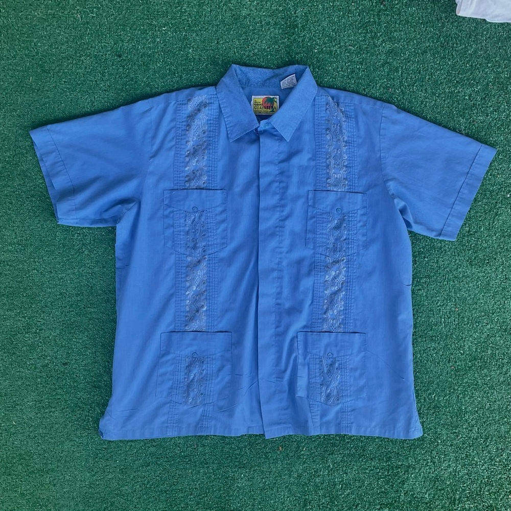 Vintage Guayabera Style Embroidered Button-Up Shirt - Blue
